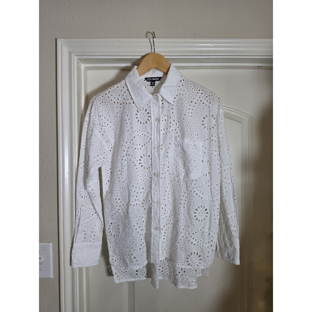 Steve Madden Cornelia‎ White Eyelet Button Down Blouse Shirt XS Cotton Boho